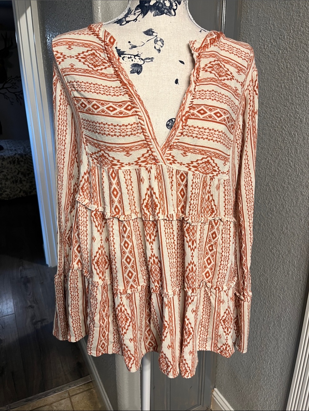 Rust Patterned V-Neck Tiered Peasant Blouse